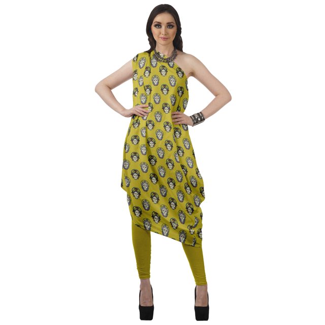 Moomaya Robe Kurti à une Épaule Imprimée pour Femme, Sans Manches, à Col Bénitier, Style Bohème, Tenue de Soirée de Designer