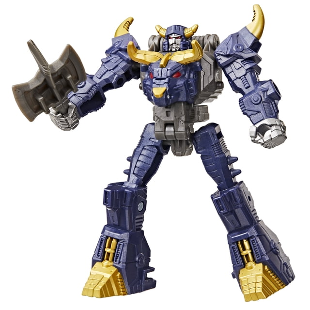 Transformers CYBERWORLD Cyber Changers Megatron Figurine d'Action en mode robot avec Corps Articulé Bleu et Gris, Cornes et Pieds Dorés, Yeux Rouges, Tenant une Hache Grise, Jouet de 4 Pouces de Hauteur Conçu pour les Enfants de 6 Ans et Plus, Convient au Jeu Imaginatif et au Conte de Récits.