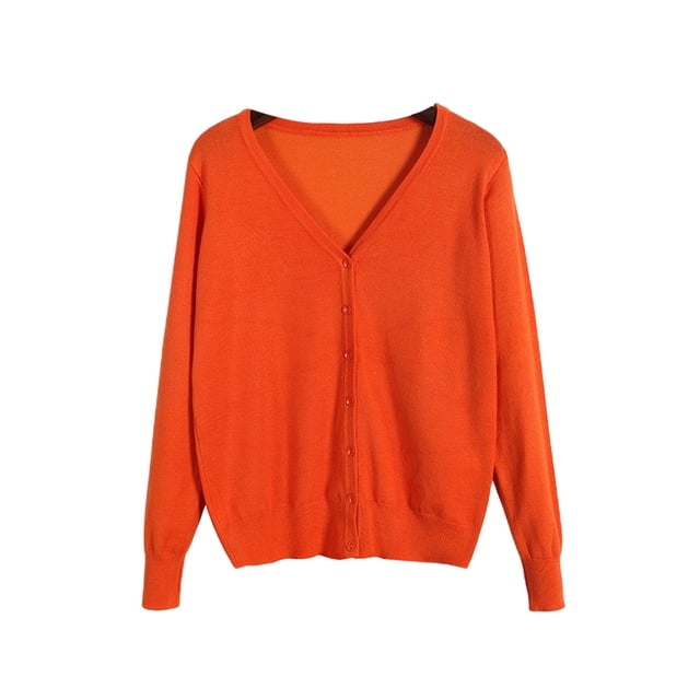 MAWCLOS Ladies Coat V Neck Cardigan Sweater Long Sleeve Outwear Knitwear Travel Solid Color Jacket Orange M