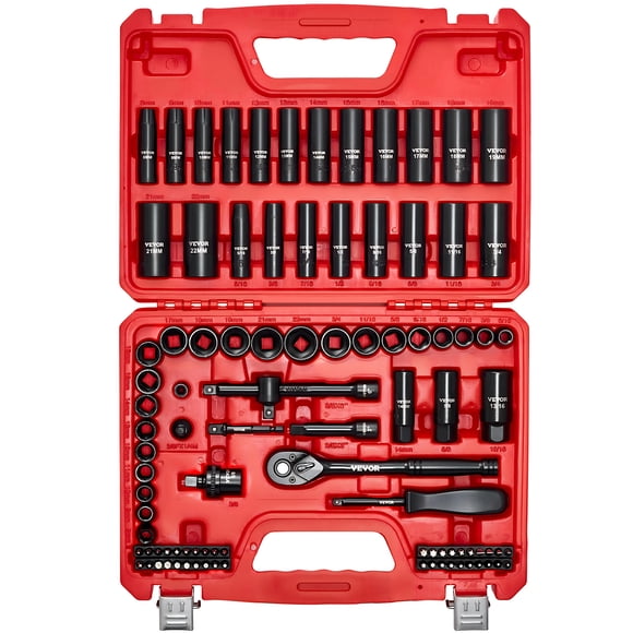 VEVOR 3/8 in Drive Impact Socket Set, 96 Piece, 6 Point Deep & Shallow Impact Sockets, SAE (5/16 in to 3/4 in) and Metric (8 to 22 mm) Sizes with 3 in & 6 in Extension Bars