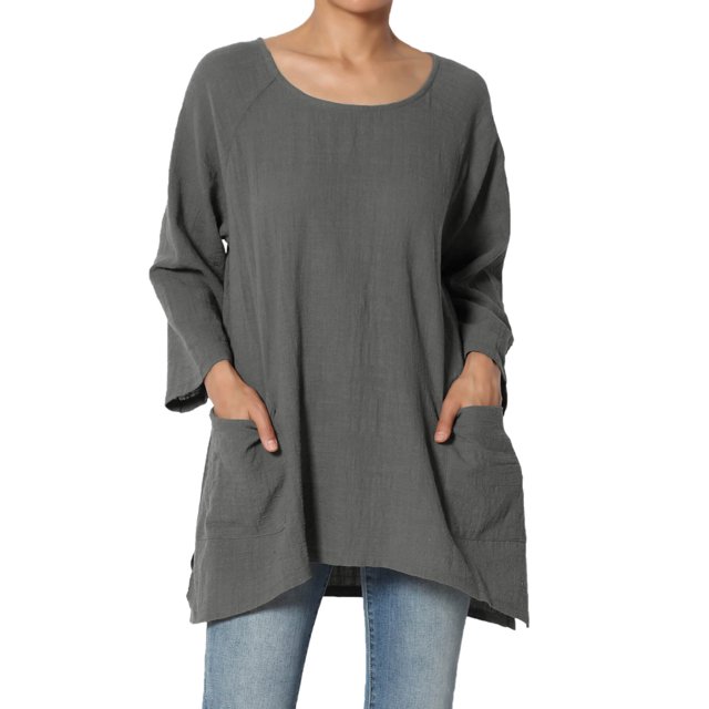 Tunique Ample à Manches 3/4 en Coton Gaze Froissée pour Femmes Grande Taille