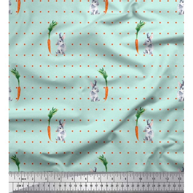 Soimoi Green Heavy Satin Fabric Carrot & Rabbit Dots Print Fabric by Yard 54 Inch Wide