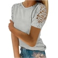 thumbnail image 1 of Femmes Dames Uni Manches Courtes Col Rond Chandail en Dentelle Hauts Chemises Blouse, 1 of 5