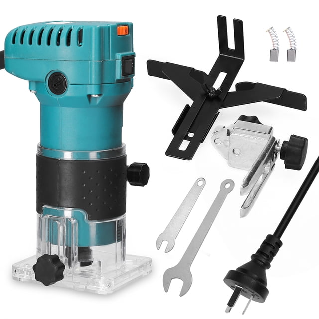 Amdohai Speed Adjustable Multifunctional Woodworking Electric Trimming Machine with a brushed motor and transparent base for precise wood trimming, grooving, and drilling. Features a blue and black nylon body with engraved scales for accurate machining depth, a non-slip rubber handle, and a 6-level speed adjustment knob. Includes accessories such as wrenches, installation tools, and a user manual.
