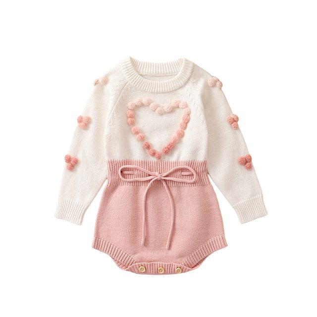 Faithtur Baby Girls Autumn Winter Sweater Romper Long Sleeve Contrast Color Heart Knit Romper