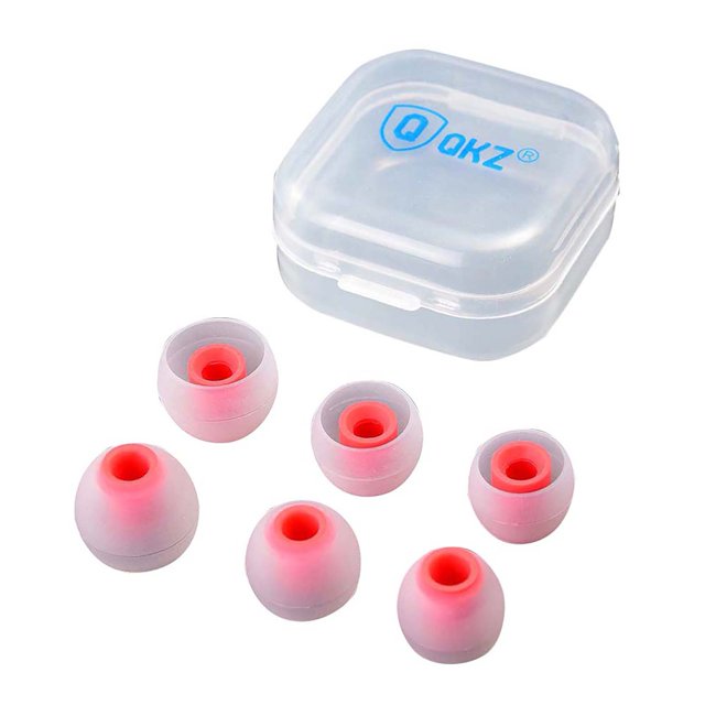 HEVIRGO 3 Pairs Earplug Replacement In Ear Silicone Eartips Earbuds Ear Sleeve for Headphone. The image shows six silicone eartips in pink and translucent white, displayed in three sizes (S, M, L) alongside a compact, clear storage case with a blue logo. These universal eartips are soft, comfortable, and designed to fit most in-ear earphones.