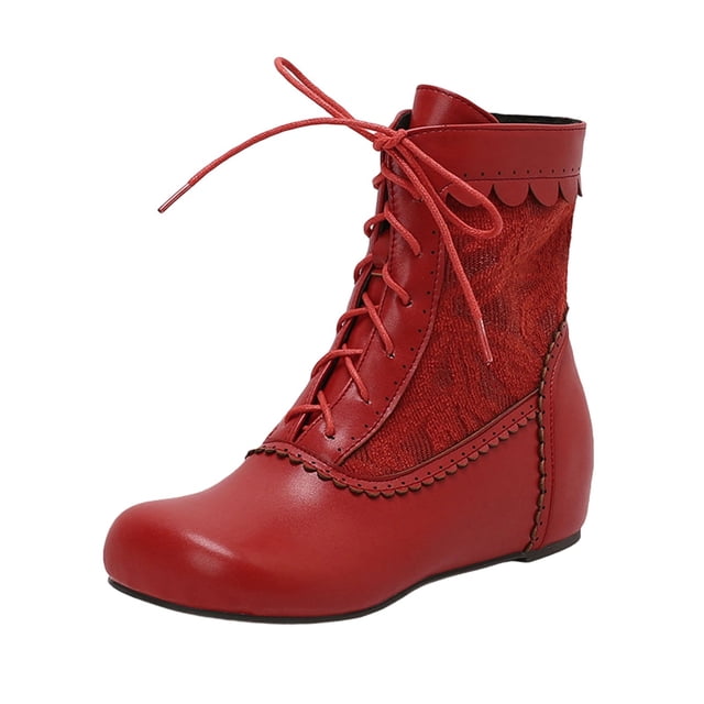Xfvqtps Bottes à la Cheville Brodées pour Femmes Style Bohème Vintage à Lacets Bout Rond Talon Compensé Caché Bottes Plates Décontractées de Mode d'Hiver Rouge