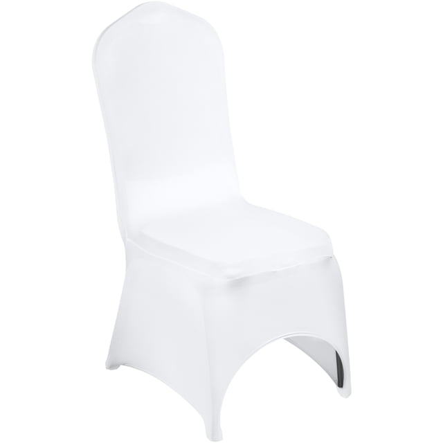 KFFKFF 50 PCS White Chair Covers crafted from stretchable spandex and polyester blend, ideal for weddings, parties, and events. These wrinkle-resistant covers feature elastic pockets for secure placement and easy maintenance. Designed for armless chairs, including dining and banquet chairs.