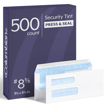 Columbian #8-5/8 Security Envelopes, 500 Pack, Double Window Self Seal Envelopes for QuickBooks Checks and Business Mailings, 3-5/8" x 8-5/8", Durable 24 lb White Paper