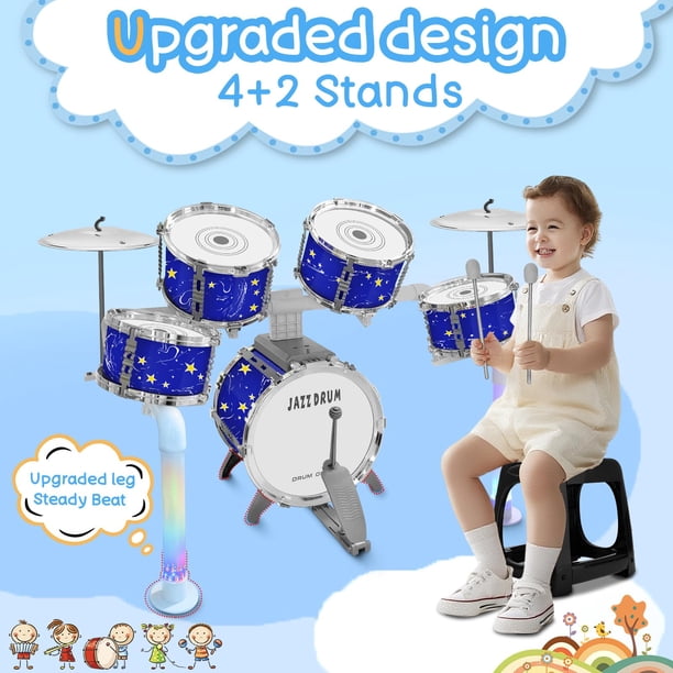Batterie éducative Pour Enfant Dès 3 Ans – Tambour Avec Micro, Lumières, Piano, Cymbales, Et Timbrel – Bleu – Cadeau Noël Ou Anniversaire