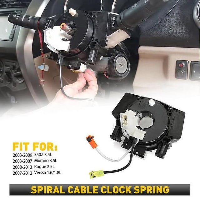 Steering Wheel Spiral Cable Clock Spring B5567-cb66a compatible with Nissan Rogue and other models like 350Z, Murano, and Versa. The image highlights the part installed in a steering column and a detailed view showing connectors and wiring for easy identification.