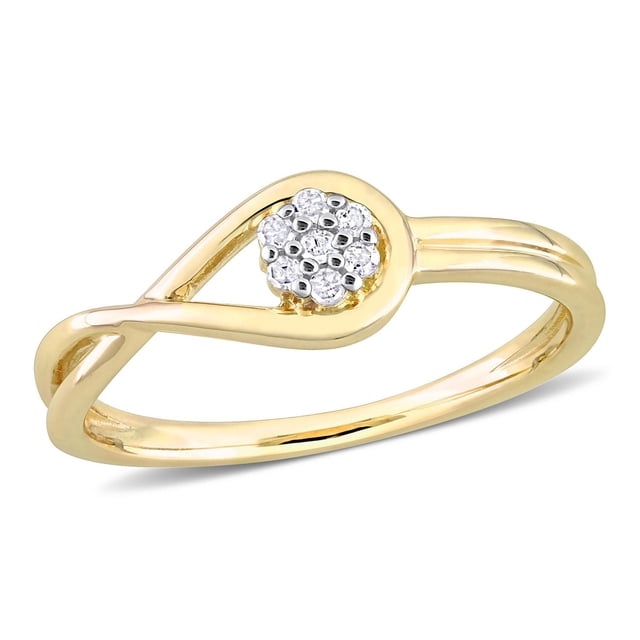 Miabella Diamond Accent Yellow Rhodium Plated Sterling Silver Infinity Promise Ring featuring a polished yellow rhodium-plated sterling silver band with an infinity shank and a floral cluster of seven round-cut, prong-set diamonds totaling 0.07ct, often used as a meaningful promise ring or elegant jewelry piece.