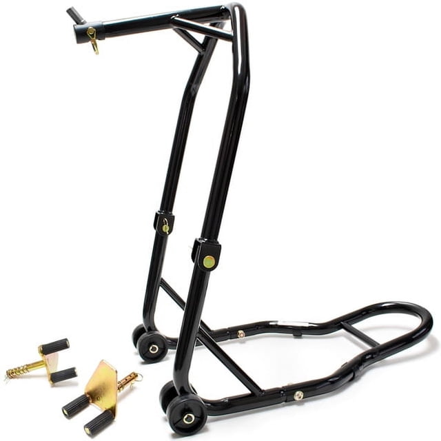 Venom Motorcycle Triple Tree Headlift Front Wheel Lift Stand compatible with Ducati Multistrada (to 2009). A black high-grade steel stand with a durable frame, featuring four wheels for stability and five interchangeable triple tree pins (20mm, 21mm, 23mm, 24mm, and 27mm). Includes front fork adapters with rubber pads to prevent slippage and scratches. Designed for lifting the front wheel for maintenance, repair, and storage. Suitable for various sport bikes, including Honda, Kawasaki, Suzuki, and Yamaha.