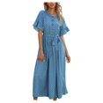 thumbnail image 2 of Drppepioner Robe d'Été pour Femme à Manches Courtes, Robe T-Shirt Décontractée 2024 Fluide de Plage à Col en V, Robes Soleil avec Poches, Mode Femme, Automne, Robe à Boutons à Manches Courtes à Col Rond, Bleu, 2 of 5