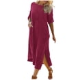 thumbnail image 2 of SMihono Robe Maxi Bohème d'Été pour Femmes Grande Taille Mode d'Été pour Femmes Couleur Unie Col Rond Manches Mi-Longues Robe en Coton Lin Robe de Plage, 2 of 8