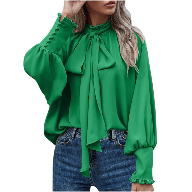 Timegard T Shirts for Women Ruffle Long Sleeve Crew Neck Tops Soft Solid Color Casual Loose Dressy Blouses