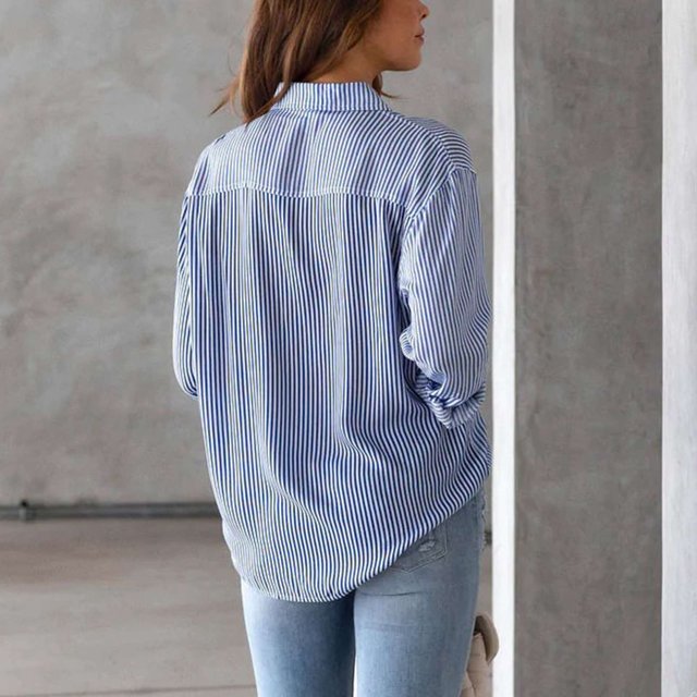 Chemisier Cardigan Décontracté à Col à Revers et Rayures pour Femmes Automne avec Boutons Manches Longues Poche Poitrine