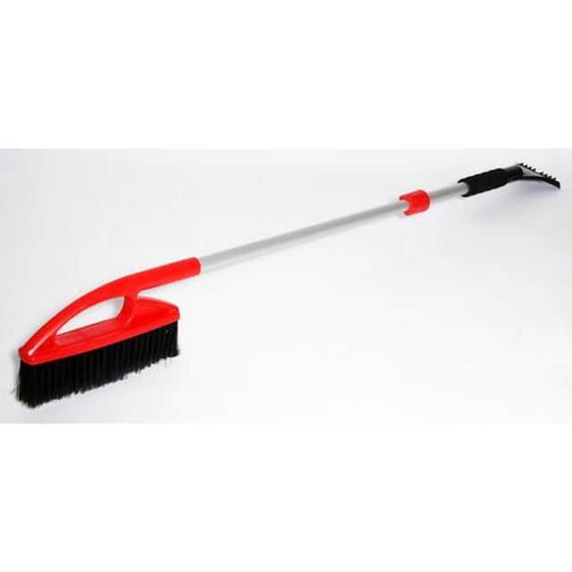 Koolatron Brosse à Neige de Base Petite et Extensible avec une Tête de Brosse en Polypropylène Rouge et des Poils Noirs Doux, Dotée d'Un Manche Argent Extensible Réglable de 25 à 35 Pouces avec une Poignée en Mousse et un Grattoir à Glace Noir, Conçue pour un Déneigement Efficace de la Neige et de la Glace sur les Véhicules.