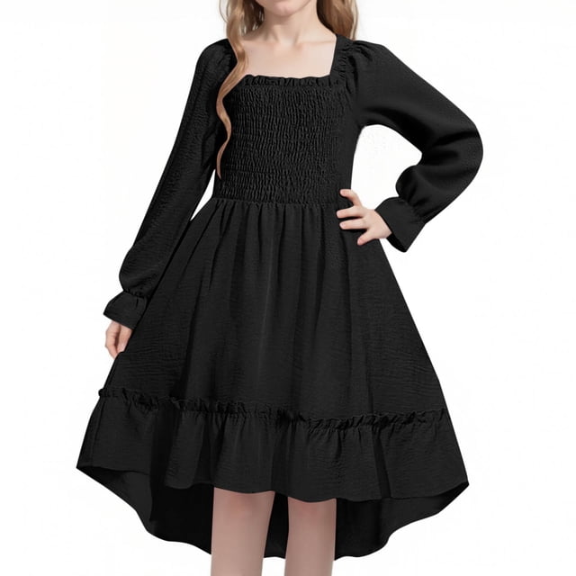 JGGSPWM Robe Midi Évasée pour Filles d'Automne à Volants, Encolure Carrée, Manches Longues Bouffantes, Poignets Smockés Élastiques, pour 4-14 Ans, Noir, 4-5 Ans