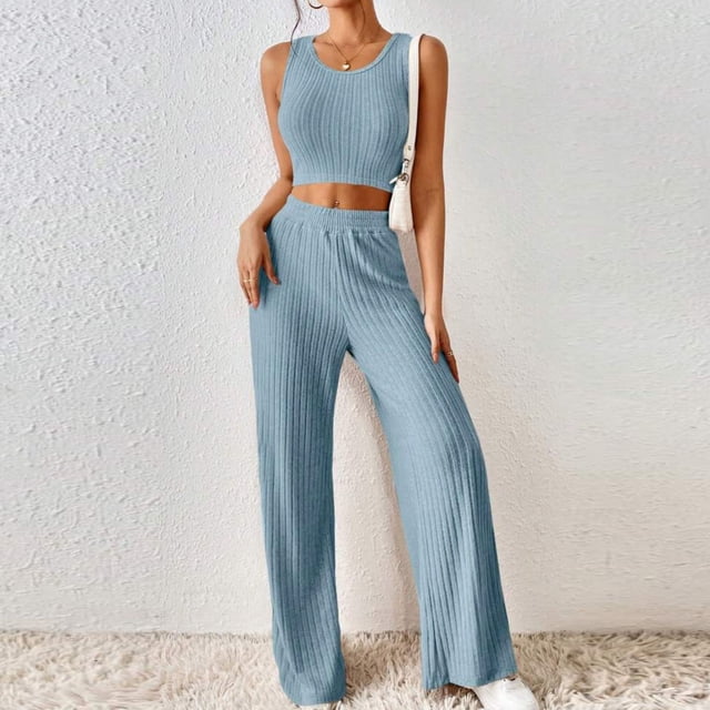 Meichang Womens Ribbed Kniited Outfits Solid Color Lounge Sets Slim Fit Sleeveless Tank Tops and Elastic Waisted Wide Leg Pants Sets