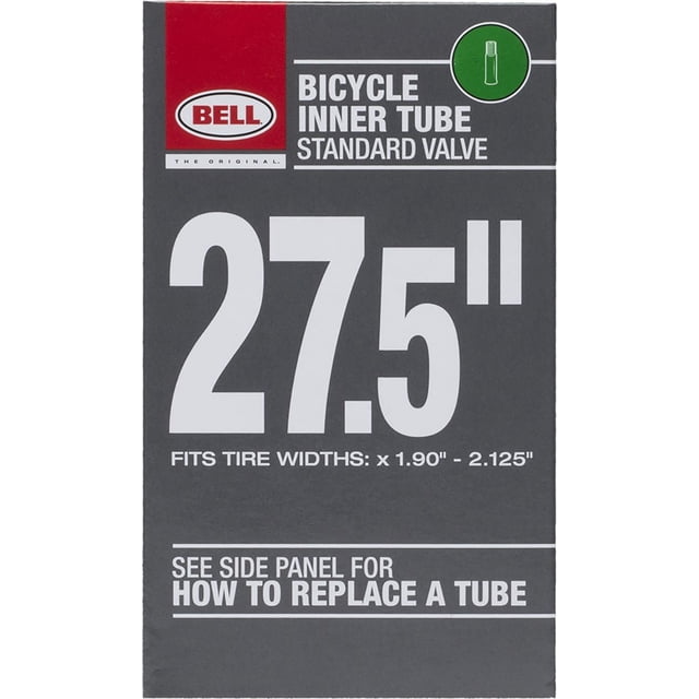 Bell Sports 27.5" bike tire tube packaging featuring a standard Schrader valve, fits tire widths from 1.90 to 2.125 inches, includes Bell logo and instructions to see side panel for how to replace a tube, suitable for bicycle inner tube replacement.