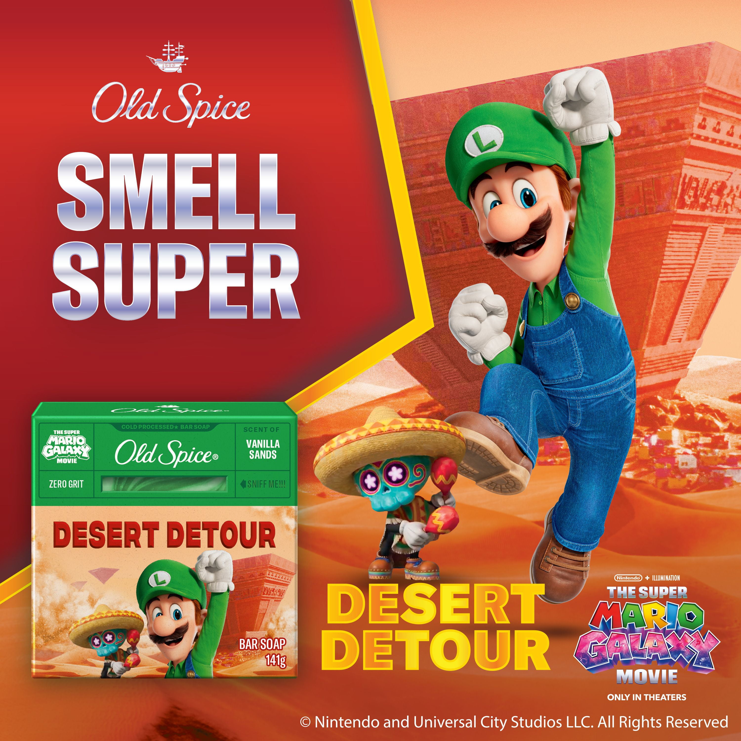 Pain de savon Old Spice saponifié à froid pour hommes, Détour du désert, parfum de vanille des sables, Old Spice x The Super Mario Galaxy Movie, aucun granule, 141 g