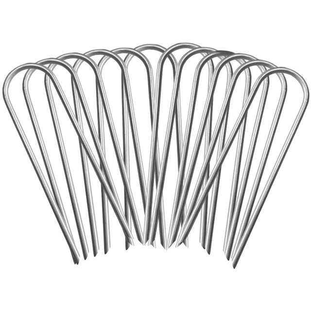 Trampoline Wind Stakes made of galvanized steel, shown in a set of multiple U-shaped anchors with sharp ends for easy ground insertion. Designed to secure trampolines, soccer goals, tents, and outdoor decorations, these stakes are durable, rust-resistant, and have a 1.45-inch inner width for universal fit.