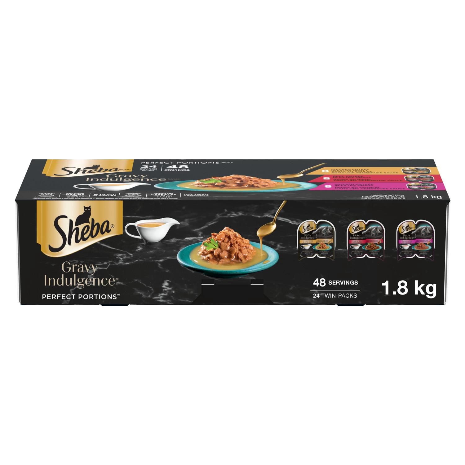 SHEBA GRAVY INDULGENCE PERFECT PORTIONS Adult Wet Cat Food Chicken & Beef & Salmon Entrée in Extra Gravy Variety 48 Pack