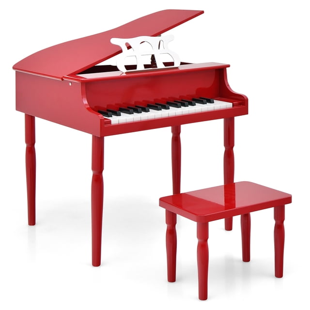 Costway 30-Key Classic Baby Grand Piano Toddler Toy Wood with Bench & Music Rack in red. This educational toy features 30 keys, a curved lid, and a white music rack, ideal for music development. Includes a matching red bench with straight legs. Made from MDF, birch wood, and ABS materials, it is designed for children aged 3-8 years. The piano has a smooth, child-safe finish and sturdy construction.