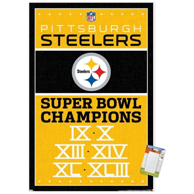 NFL Pittsburgh Steelers - Affiche Murale Champions 13, 22,375 Pouces x 34 Pouces, Montrant un design Centré Orienté vers l'Avant avec le logo des Steelers sur un Fond Noir et Doré. l'Affiche Présente un Texte Audacieux Référençant les Chiffres Romains du Super Bowl championship IX, x, XIII, XIV, TG et XLIII sur Papier Lustré, Convient à la Décoration Murale de la Maison Ou du Bureau et Est Souvent Utilisée