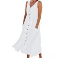 thumbnail image 2 of BiZtdJrK Robe Longue d'Été en Coton et Lin pour Femme, Boutonnée, Fluide, Vacances Plage, Robes Soleil, Couleur Unie, Col Ras du Cou, Maxi avec Poches, Blanc, G, 2 of 8
