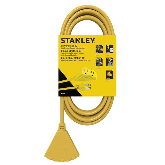 Stanley Bloc d'Alimentation 40 Jaune Cordon d'Extension de 40 Pieds avec Trois Prises à la Terre et Prise de Type Ventilateur en PVC Moulé, avec Câble en Vinyle AWG 16/3 SJTW Homologué 125VAC/13A pour les Besoins d'Alimentation Électrique Intérieurs et Extérieurs, Idéal pour la Maison Ou l'Utilisation sur Chantier.