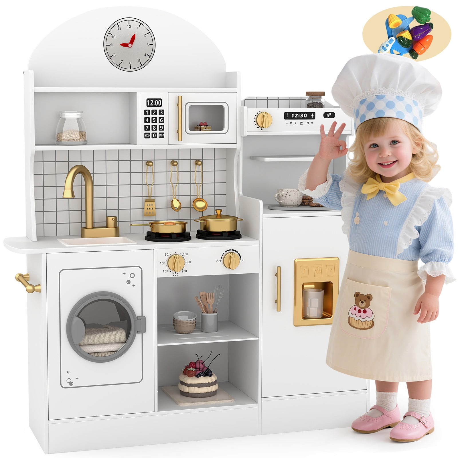 JOYLDIAS Kids Play Kitchen Set Pretend Wooden Kitchen Playset Toy with Sound and Light, Oven, Washing Machine, Accessories