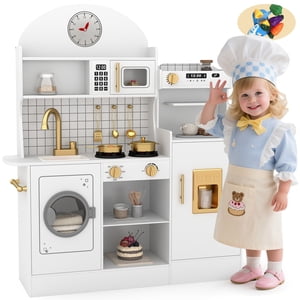 JOYLDIAS Jeu de cuisine pour enfants Jouet de jeu de cuisine en bois avec son et lumière, Four, laveuse, Accessoires