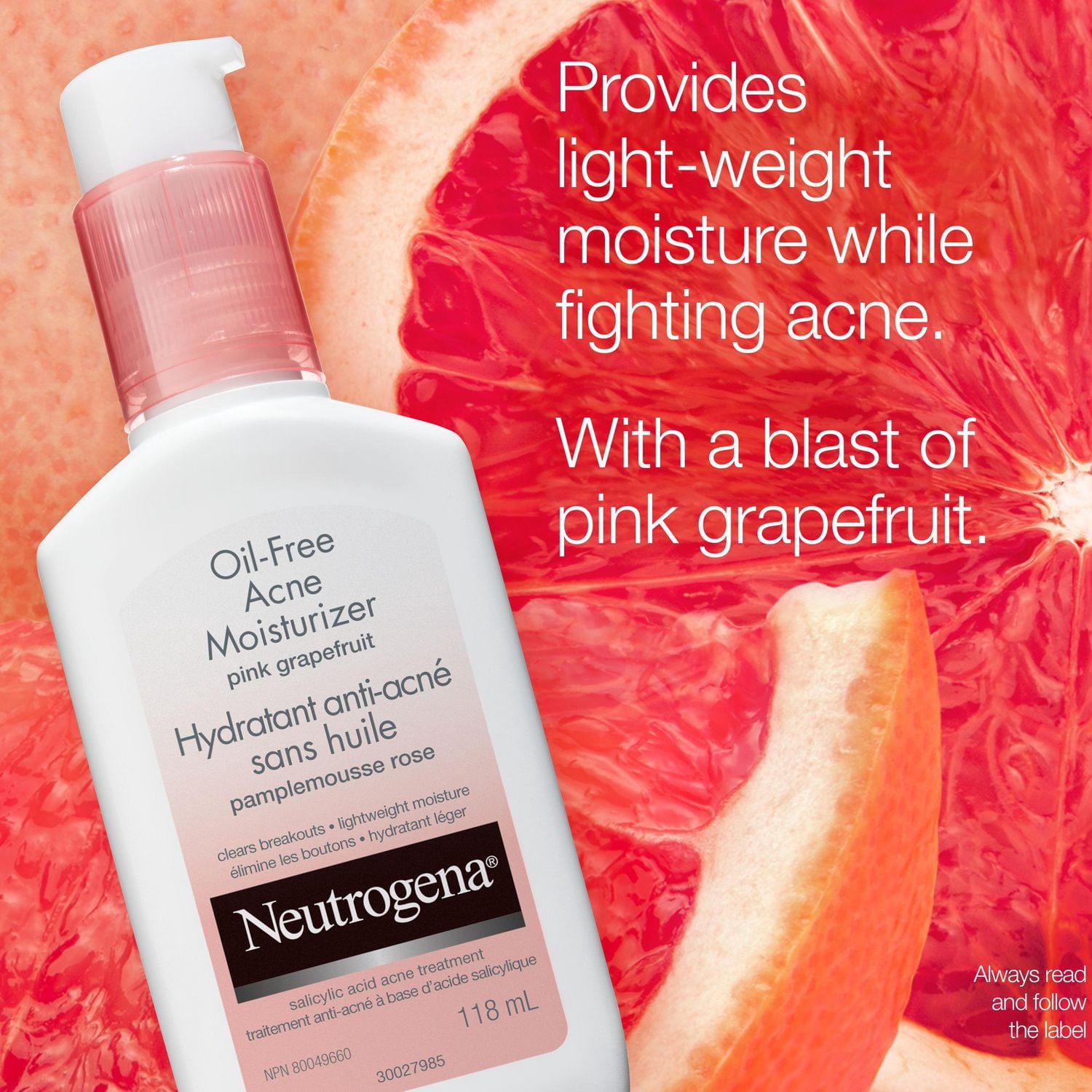 Neutrogena Hydratant Anti-Acné Sans Huile, Hydratant pour le Visage au Pamplemousse Rose
