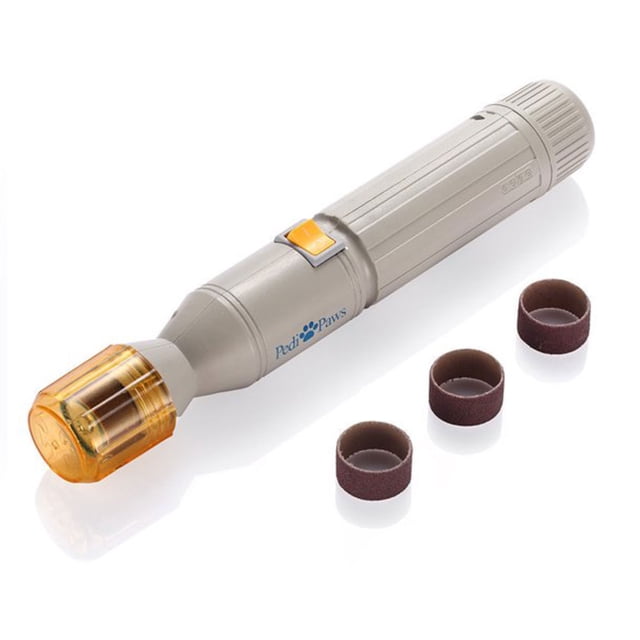 Grinder ABS Manicure Handheld Claw Care Pet Nail Trimmer for dogs and cats, shown in a white ABS material with an ergonomic handheld design. The trimmer features a pet-friendly hole for nail insertion, an orange protective cap, and a yellow power switch. Includes three replaceable grinding heads displayed alongside the device. Suitable for grooming large dogs with thick toenails and small, timid pets. Battery-operated, requiring two AA batteries (not included).