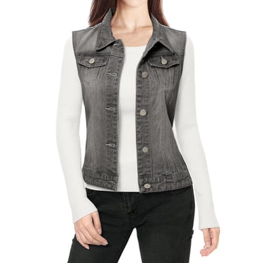INSPIRE CHIC Gilet Veste Sans Manches en Denim Délavé à Boutons pour Femme avec Poches P Gris