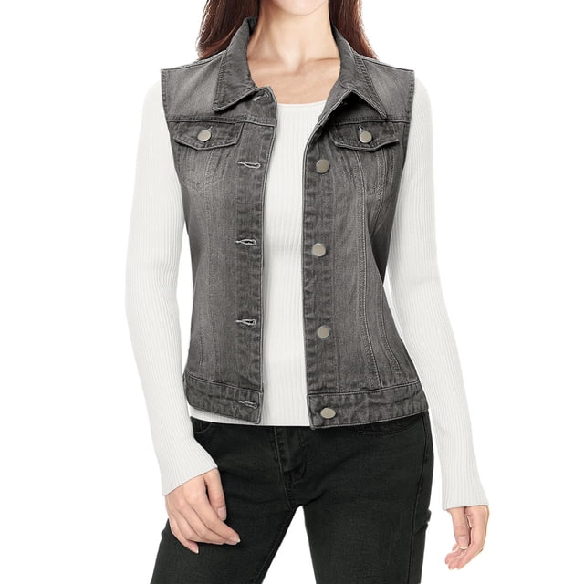INSPIRE CHIC Women's Washed Denim Button Sleeveless Vest Jacket with Pockets S Gray