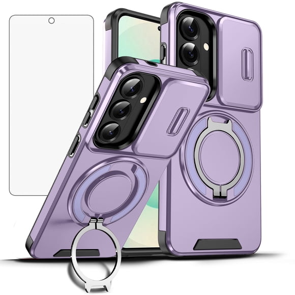 Asuwish Compatible with Samsung Galaxy S26 Plus S26+ 5G Phone Case Slide Camera Cover Tempered Glass Screen Protector Stand Ring Holder Rugged Slim Cell for S26plus 26S + S 26 26+ Women Men Purple
