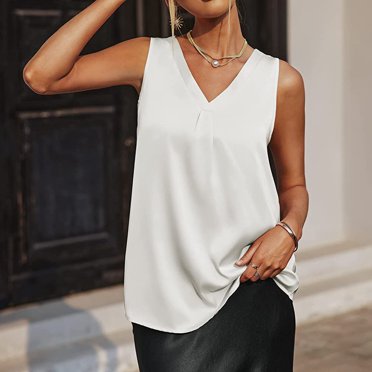 Aboser Camisoles en Satin Soyeux pour Femmes 2024 Été Coupe Ample Blouses de Travail Chic Décontracté Bureau Débardeurs Col en V Sans Manches T-Shirts