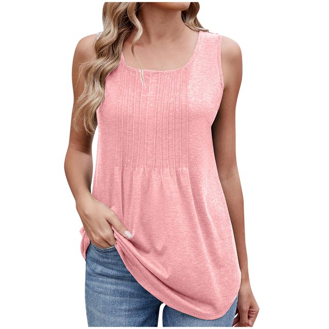 hotojiny Hauts Grande Taille pour Femmes 2025 Débardeur Plissé Fluide à Col Rond Tendance Blouse Décontractée Habillée Unie