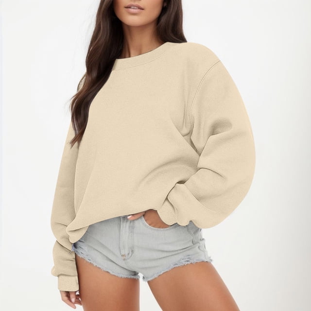 Bmisegm Chandail à Manches Longues pour Femmes, Col Rond Décontracté, Coupe Ample, Chandail à Capuchon en Molleton, Hauts d'Automne, Chandail pour Femmes, Beige, P