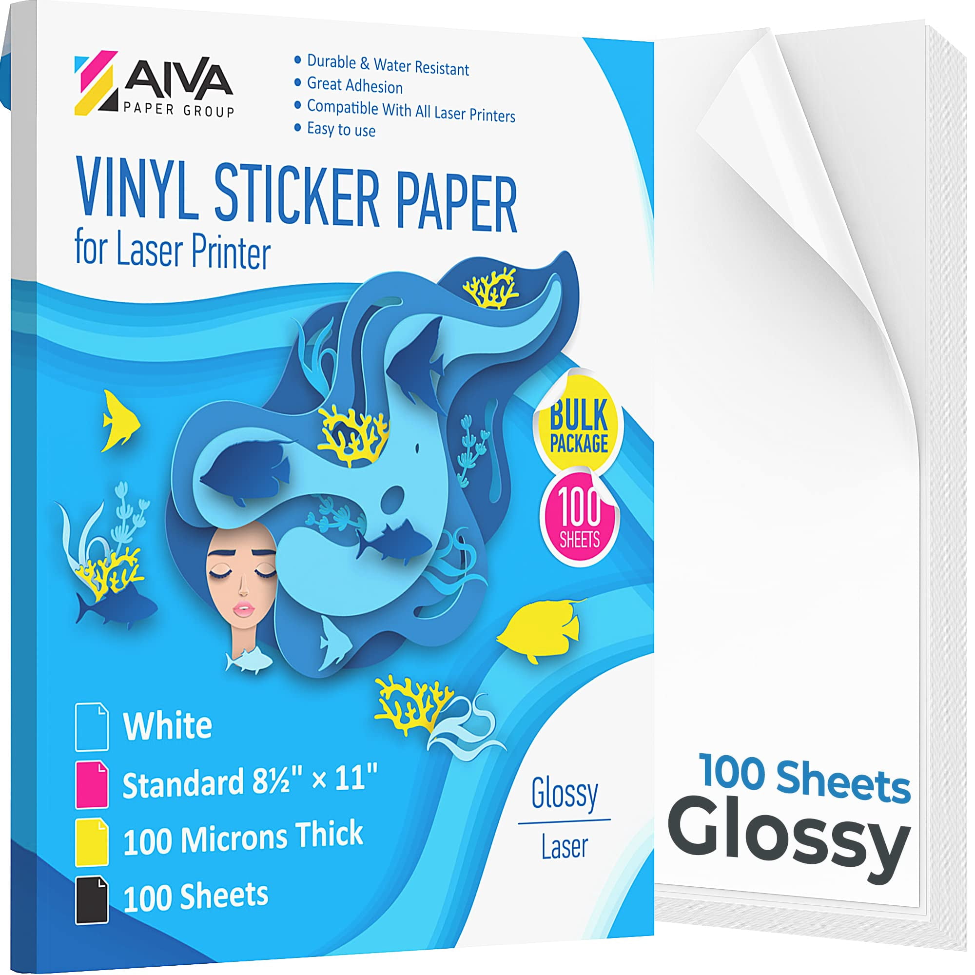 Printable Vinyl Sticker Paper for Laser Printer - Glossy White - 100 Self-Adhesive Sheets - Waterproof Decal Paper - Standard Letter Size 8.5"x11"