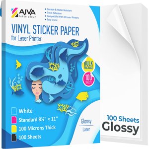 Sticker en vinyle imprimable pour imprimante laser - Blanc brillant - 100 Feuilles autocollantes - Papiers décal, imperméables - Taille standard de la lettre 8,5"x11"