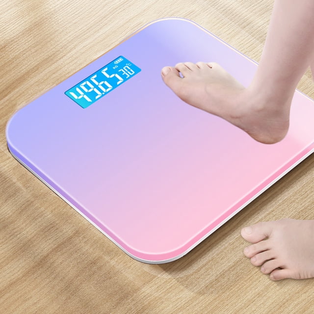 Aqestyerly Fitness Electronic Scale with an LCD display, featuring a multicolor gradient design in purple and pink. The scale is compact, measuring 26x26 cm, and constructed with durable tempered glass. It is rechargeable and lightweight, making it suitable for home or commercial use. The high-definition display shows weight measurements clearly, and the scale is designed for easy portability and storage. A foot is shown stepping onto the scale, which is placed on a wooden floor.