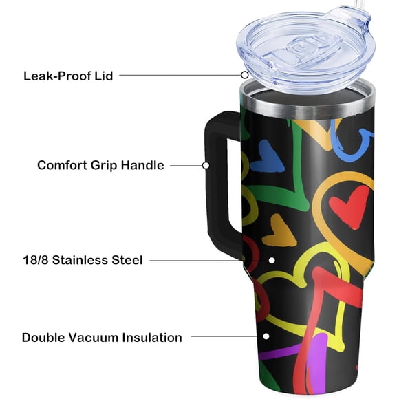 40oz Cœur Arc-en-Ciel avec Poignée et Pailles, Cadeaux pour Gays Lesbiennes LGBTQ, Tasse à Café Drapeau Gay Fierté, Bouteille d'Eau, Tasse Isolée en Acier Inoxydable LGBT, Cadeau d'Anniversaire de la Saint-Valentin