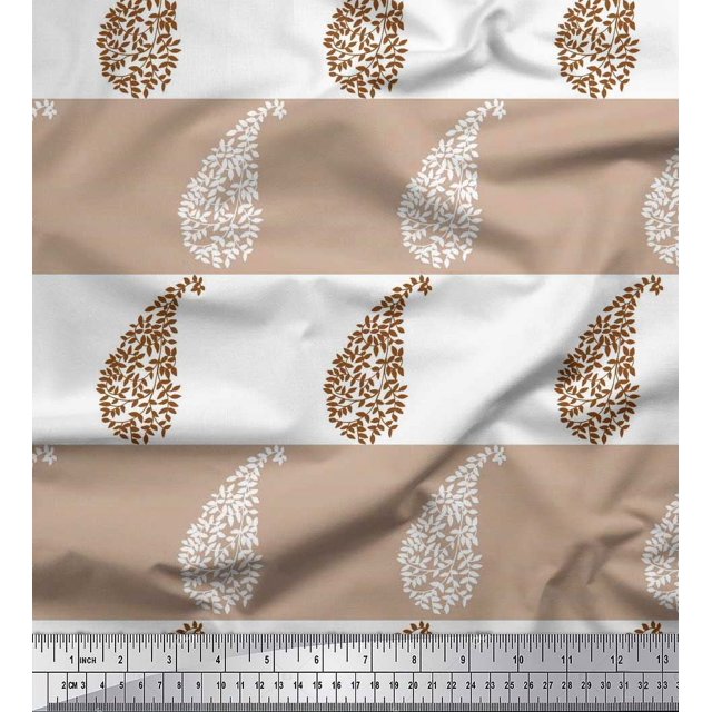 Soimoi Brown polyester Crepe Fabric Stripe & Paisley Decor Fabric Printed Yard 42 Inch Wide