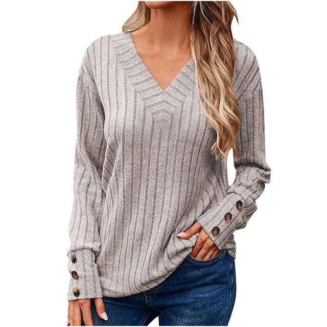 MeetoTime Women's V-Neck Ribbed Long Sleeve Tunic Tops Fall Casual Solid Color Stretchy Knit Sweater Pullover