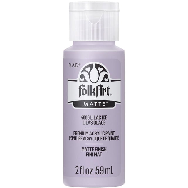 FolkArt Matte Acrylic Craft Paint, 2 fl. oz., Lilac Ice, a small cylindrical bottle with a white flip-top cap and matte lilac label. This artist-quality acrylic paint offers a creamy consistency and matte finish, suitable for basecoating, stenciling, and crafts on wood, canvas, and paper.