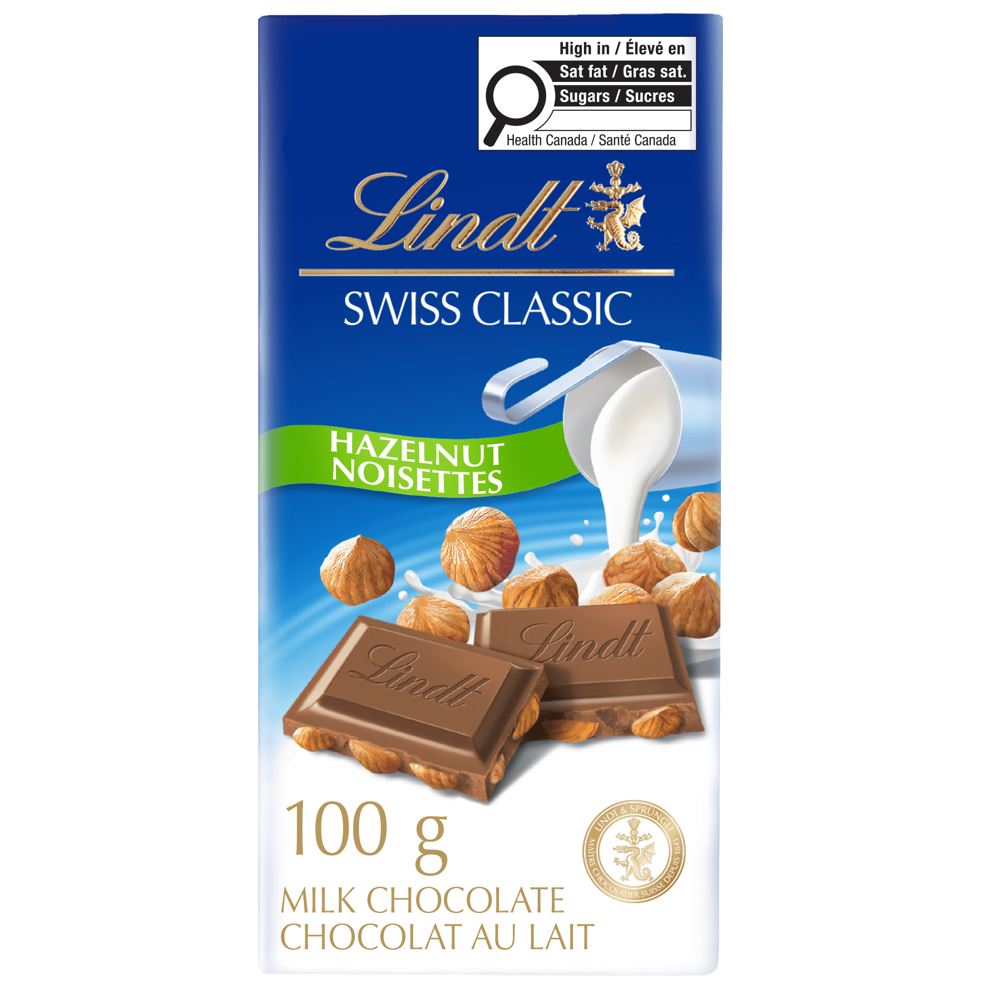 Lindt SWISS CLASSIC Hazelnut Milk Chocolate Bar, 100 Grams